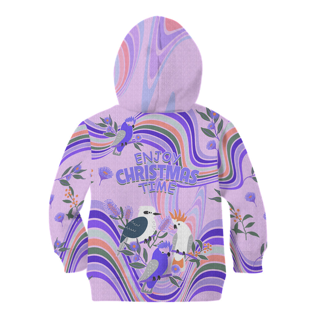 australia-hippie-christmas-kid-hoodie-cockatoo-kookaburra-with-wattle-violet-pastel-color