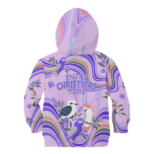 australia-hippie-christmas-kid-hoodie-cockatoo-kookaburra-with-wattle-violet-pastel-color