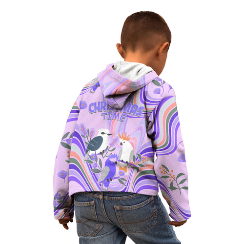 australia-hippie-christmas-kid-hoodie-cockatoo-kookaburra-with-wattle-violet-pastel-color