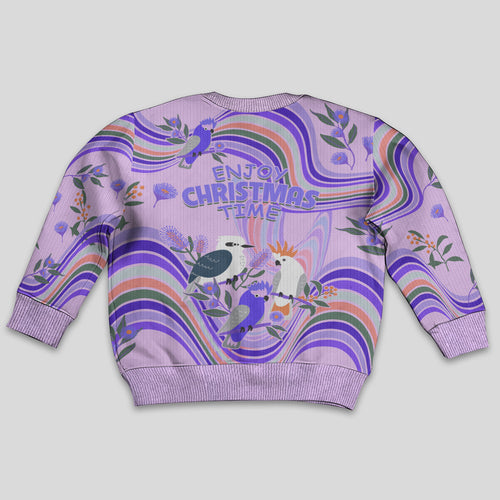 australia-hippie-christmas-kid-ugly-christmas-sweater-cockatoo-kookaburra-with-wattle-violet-pastel-color