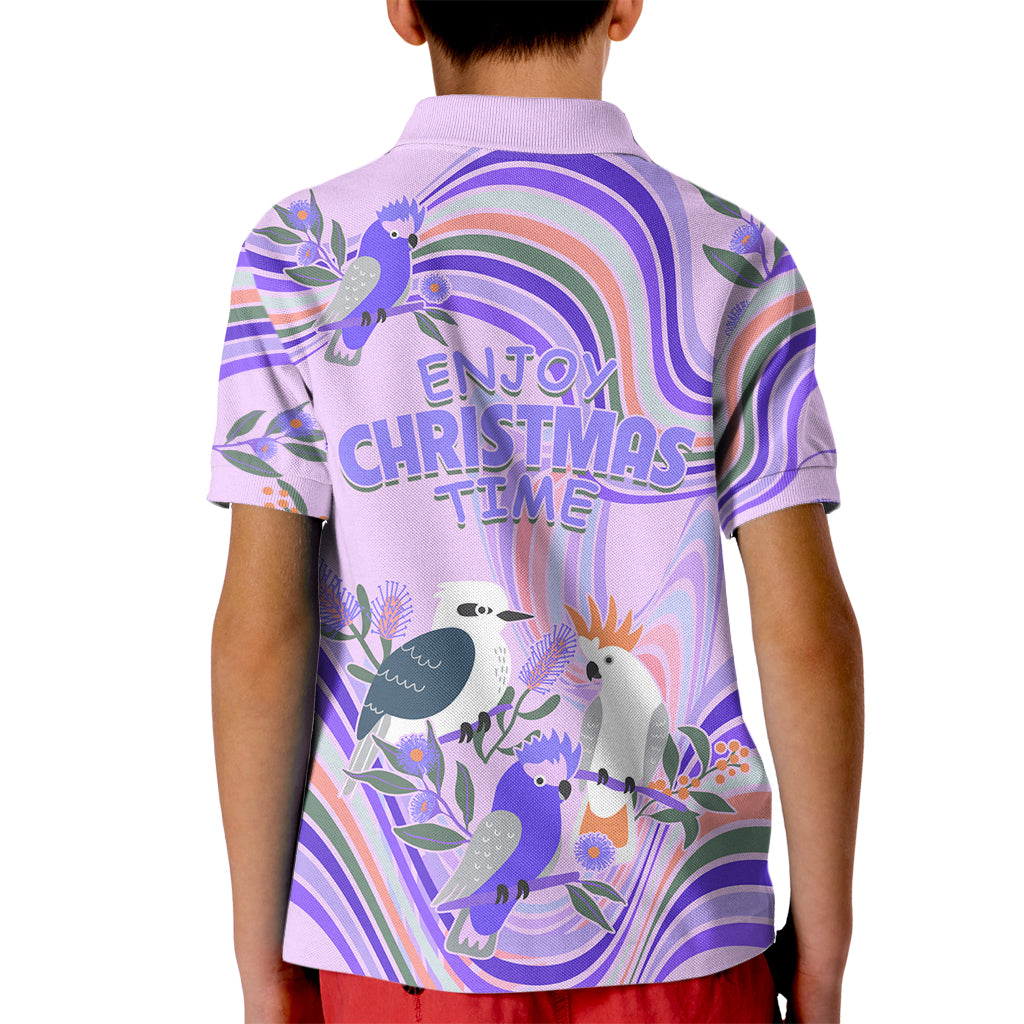 australia-hippie-christmas-kid-polo-shirt-cockatoo-kookaburra-with-wattle-violet-pastel-color