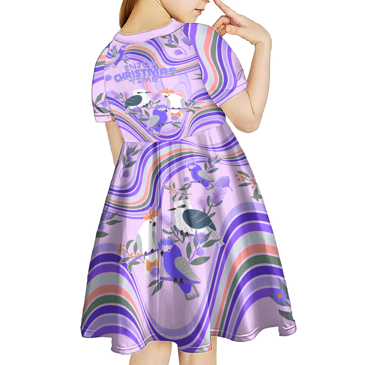 australia-hippie-christmas-kid-short-sleeve-dress-cockatoo-kookaburra-with-wattle-violet-pastel-color