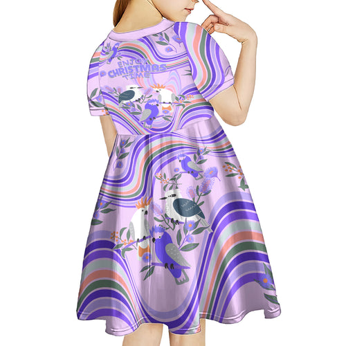 australia-hippie-christmas-kid-short-sleeve-dress-cockatoo-kookaburra-with-wattle-violet-pastel-color
