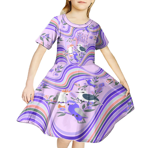 australia-hippie-christmas-kid-short-sleeve-dress-cockatoo-kookaburra-with-wattle-violet-pastel-color