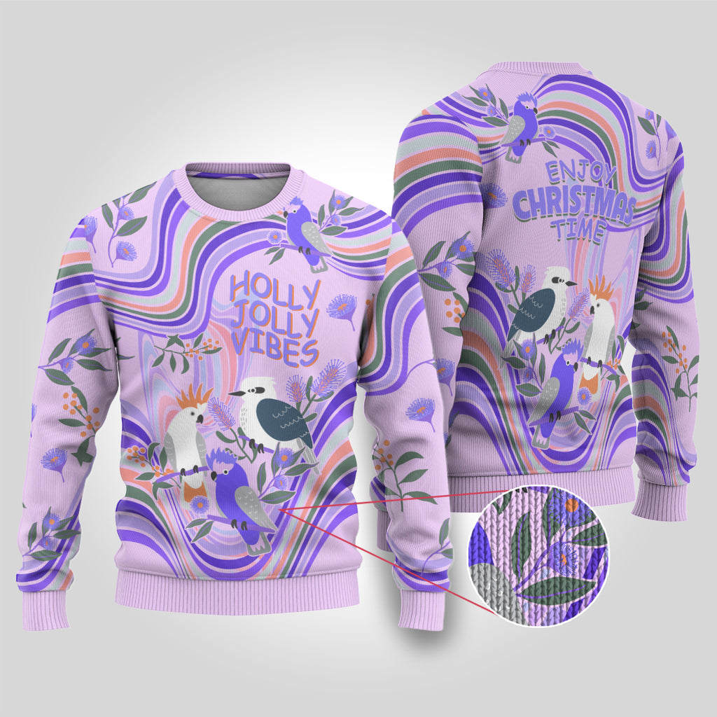 australia-hippie-christmas-ugly-christmas-sweater-cockatoo-kookaburra-with-wattle-violet-pastel-color