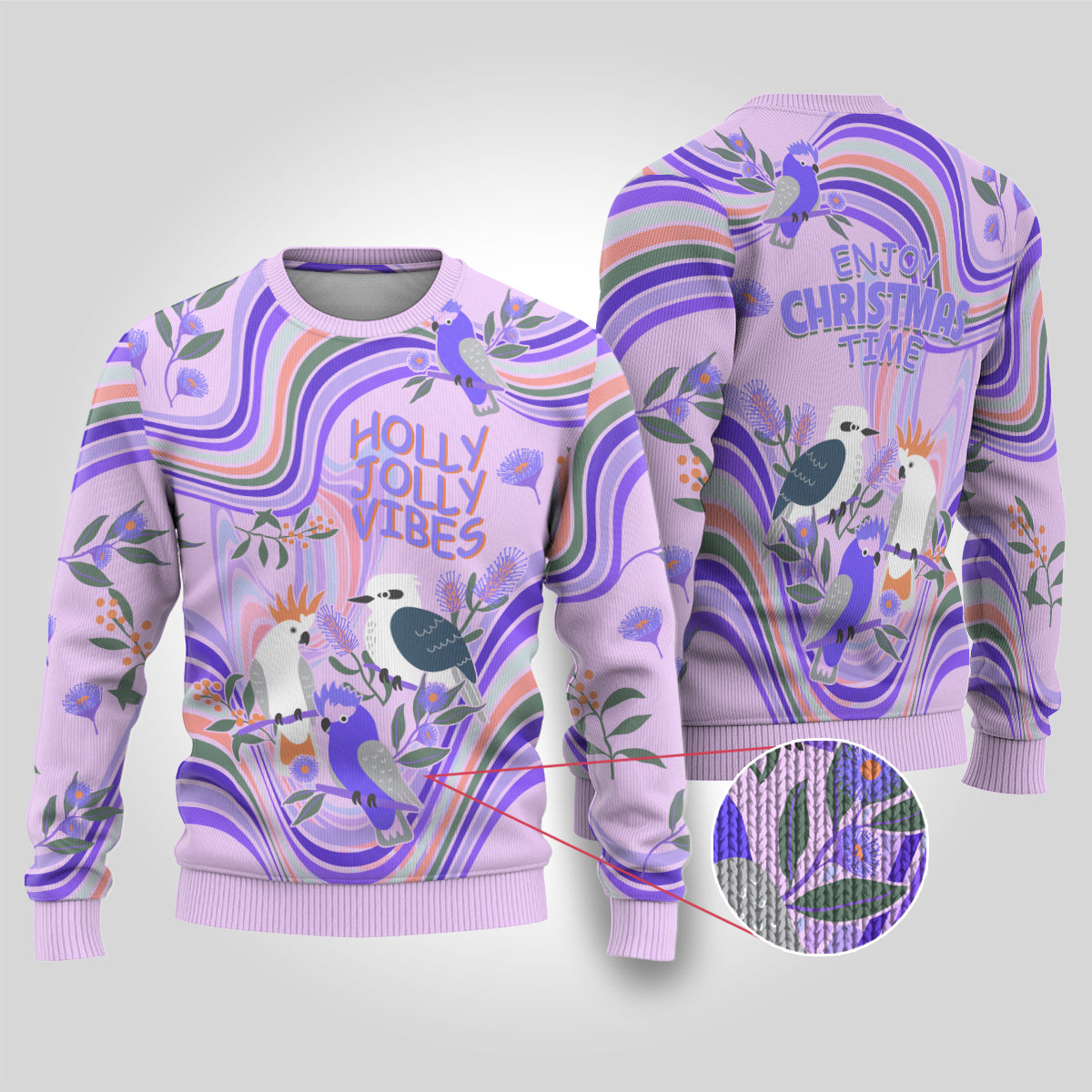 australia-hippie-christmas-ugly-christmas-sweater-cockatoo-kookaburra-with-wattle-violet-pastel-color
