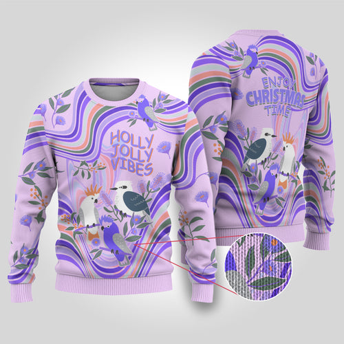 australia-hippie-christmas-ugly-christmas-sweater-cockatoo-kookaburra-with-wattle-violet-pastel-color