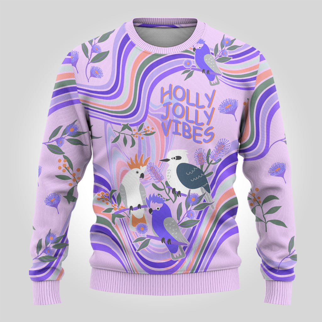 australia-hippie-christmas-ugly-christmas-sweater-cockatoo-kookaburra-with-wattle-violet-pastel-color