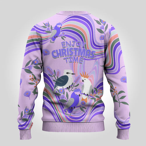 australia-hippie-christmas-ugly-christmas-sweater-cockatoo-kookaburra-with-wattle-violet-pastel-color
