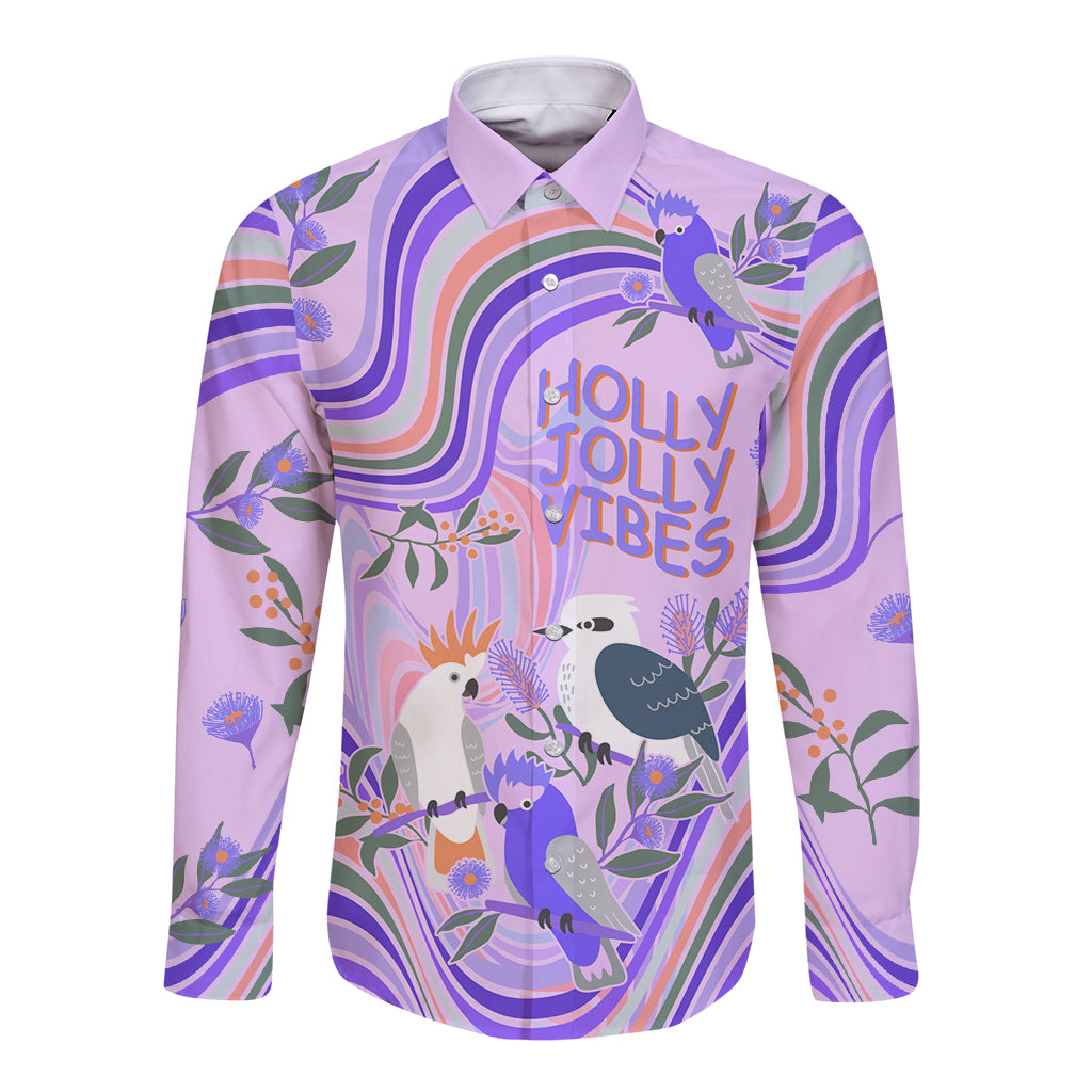 australia-hippie-christmas-long-sleeve-button-shirt-cockatoo-kookaburra-with-wattle-violet-pastel-color