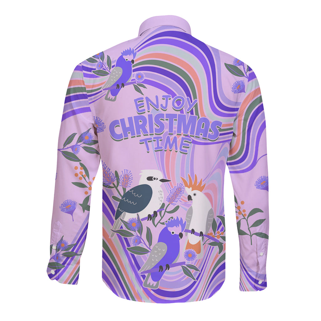 australia-hippie-christmas-long-sleeve-button-shirt-cockatoo-kookaburra-with-wattle-violet-pastel-color