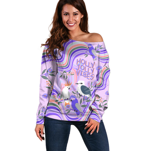 australia-hippie-christmas-off-shoulder-sweater-cockatoo-kookaburra-with-wattle-violet-pastel-color