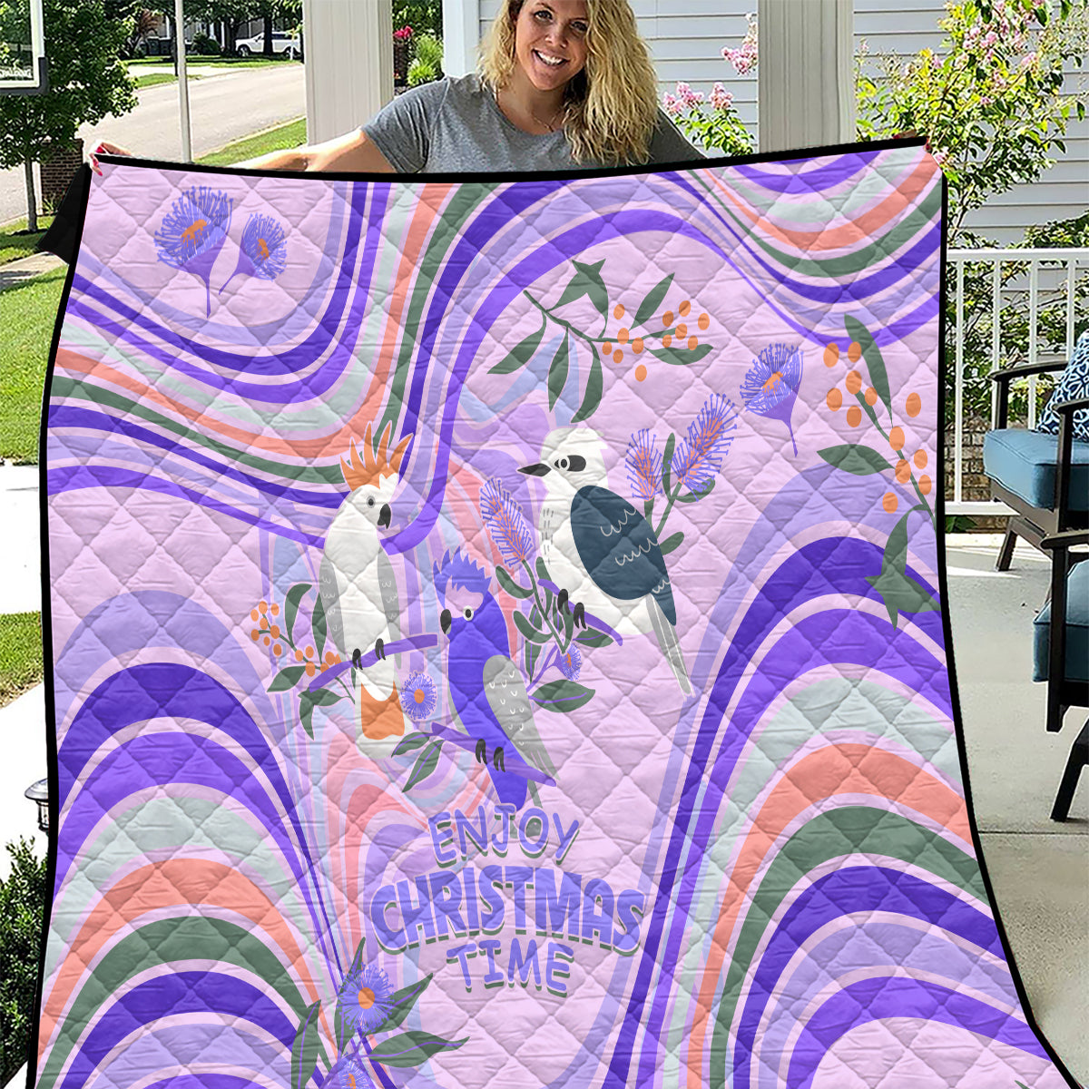 australia-hippie-christmas-quilt-cockatoo-kookaburra-with-wattle-violet-pastel-color