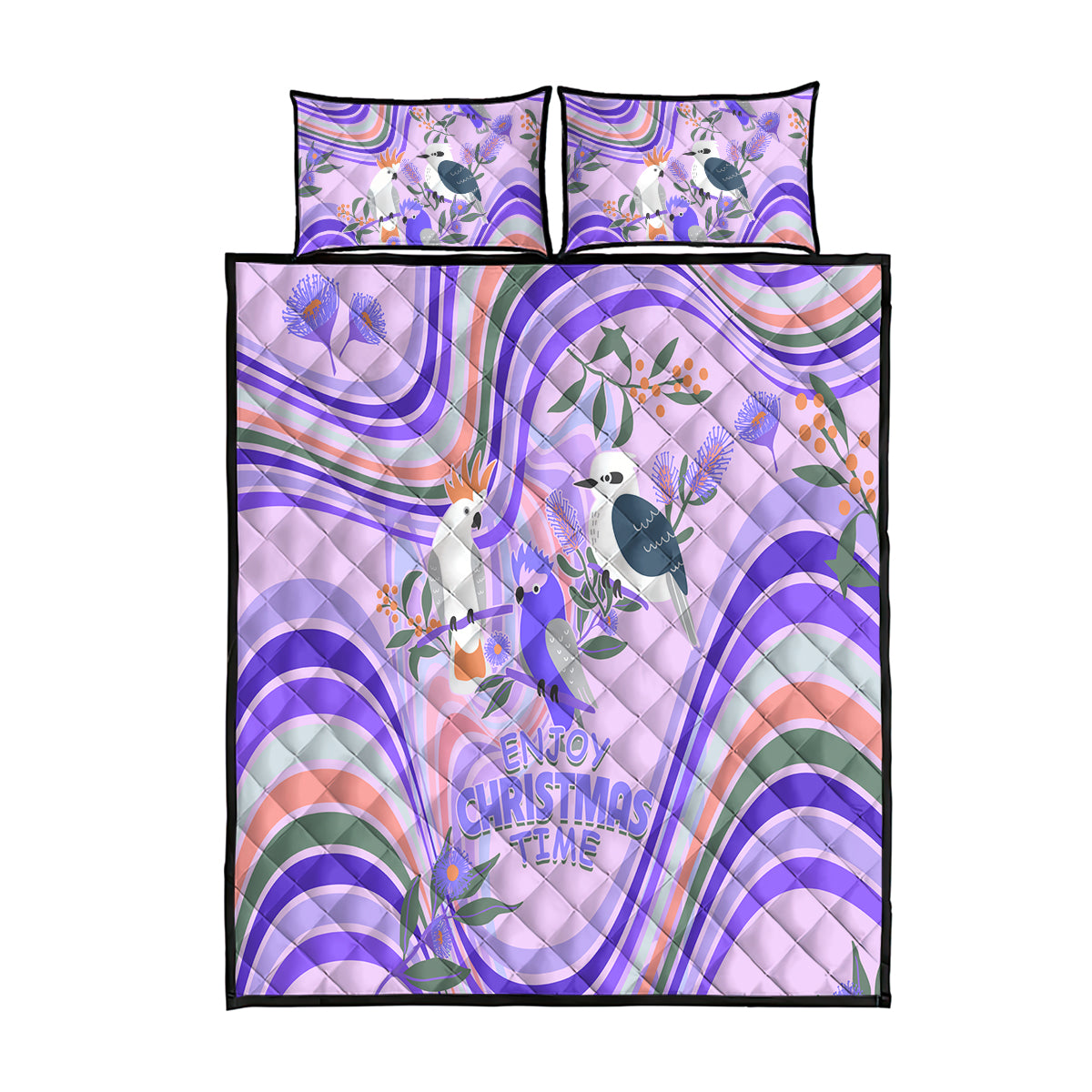 australia-hippie-christmas-quilt-bed-set-cockatoo-kookaburra-with-wattle-violet-pastel-color
