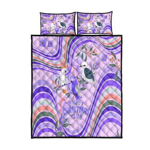 australia-hippie-christmas-quilt-bed-set-cockatoo-kookaburra-with-wattle-violet-pastel-color