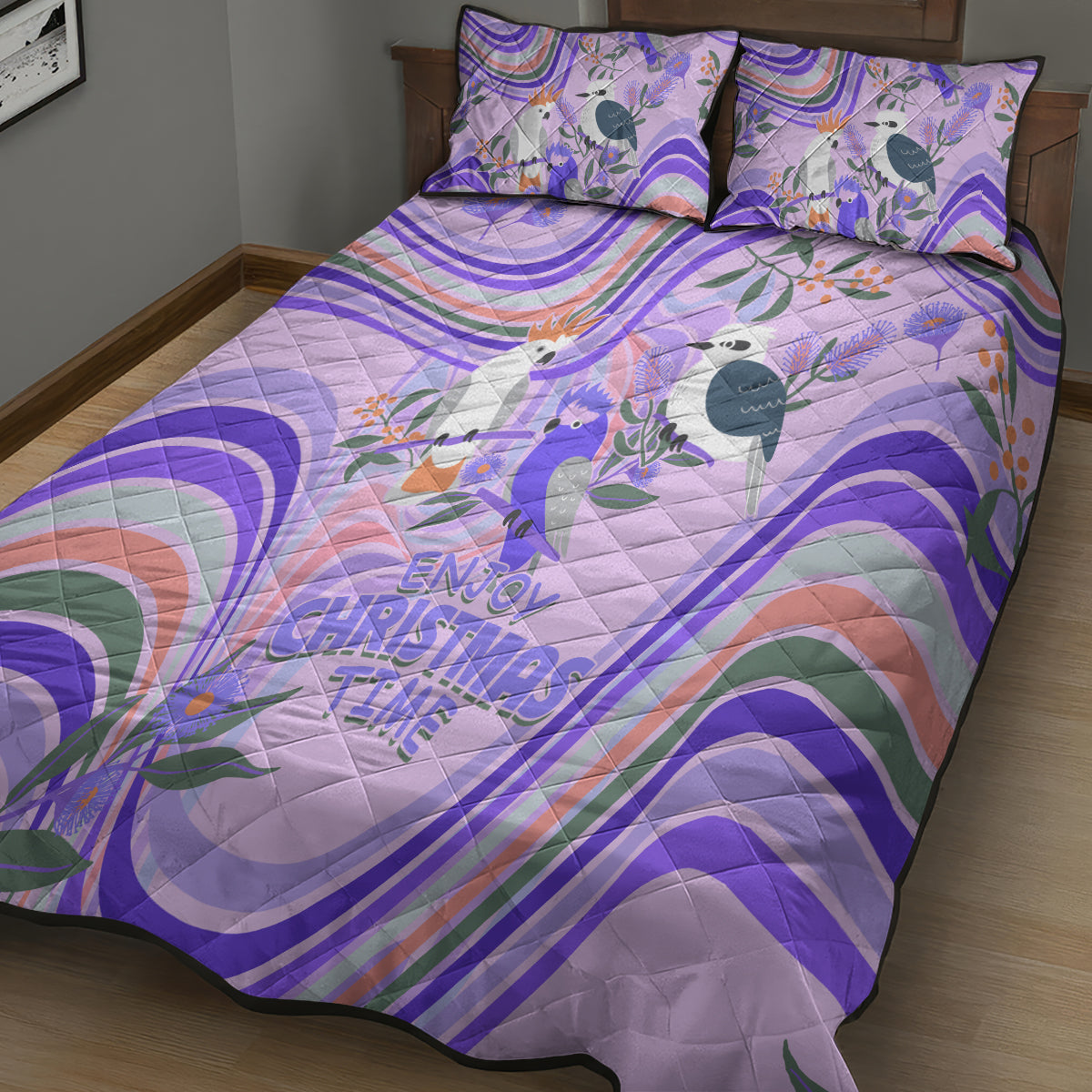 australia-hippie-christmas-quilt-bed-set-cockatoo-kookaburra-with-wattle-violet-pastel-color