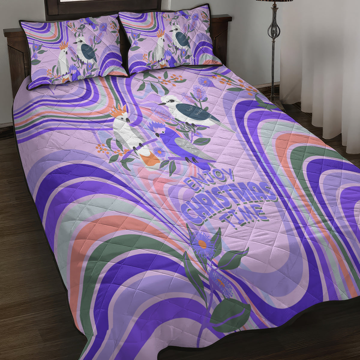 australia-hippie-christmas-quilt-bed-set-cockatoo-kookaburra-with-wattle-violet-pastel-color