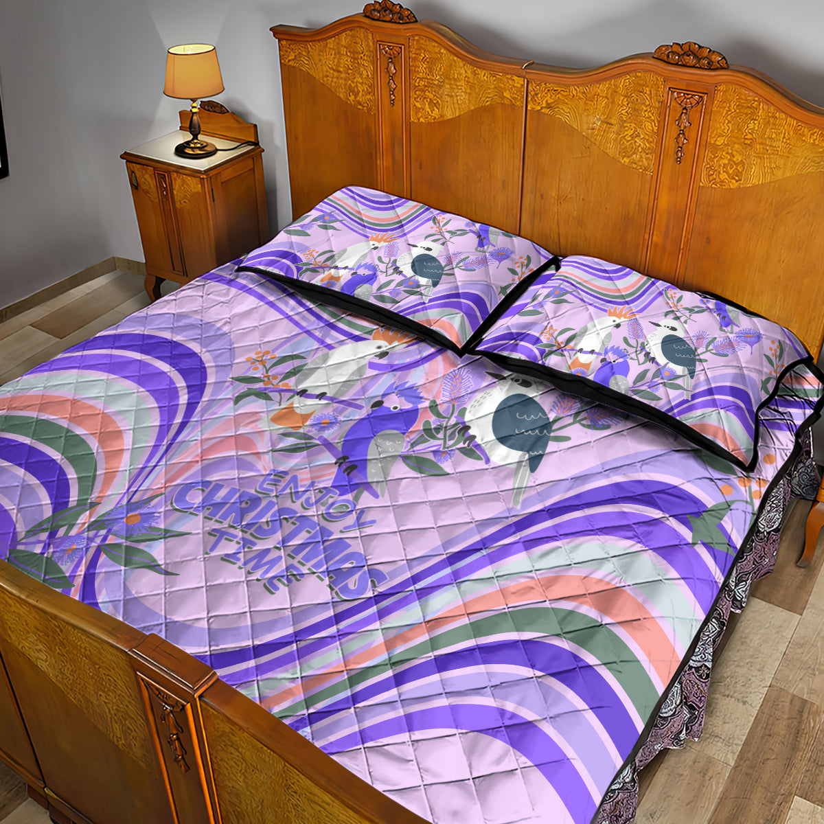 australia-hippie-christmas-quilt-bed-set-cockatoo-kookaburra-with-wattle-violet-pastel-color