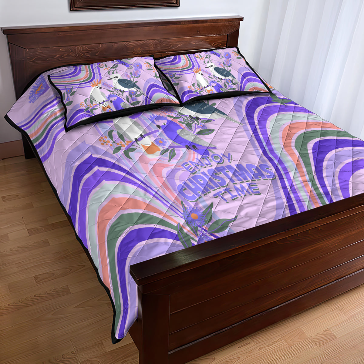 australia-hippie-christmas-quilt-bed-set-cockatoo-kookaburra-with-wattle-violet-pastel-color