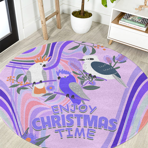 australia-hippie-christmas-round-carpet-cockatoo-kookaburra-with-wattle-violet-pastel-color