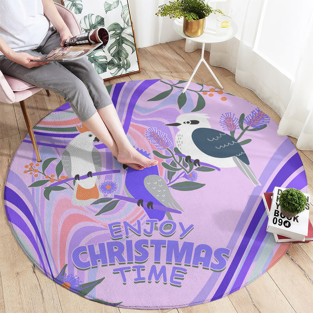 australia-hippie-christmas-round-carpet-cockatoo-kookaburra-with-wattle-violet-pastel-color