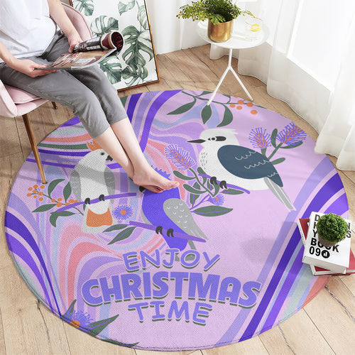 australia-hippie-christmas-round-carpet-cockatoo-kookaburra-with-wattle-violet-pastel-color