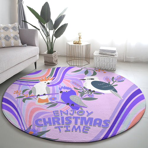 australia-hippie-christmas-round-carpet-cockatoo-kookaburra-with-wattle-violet-pastel-color