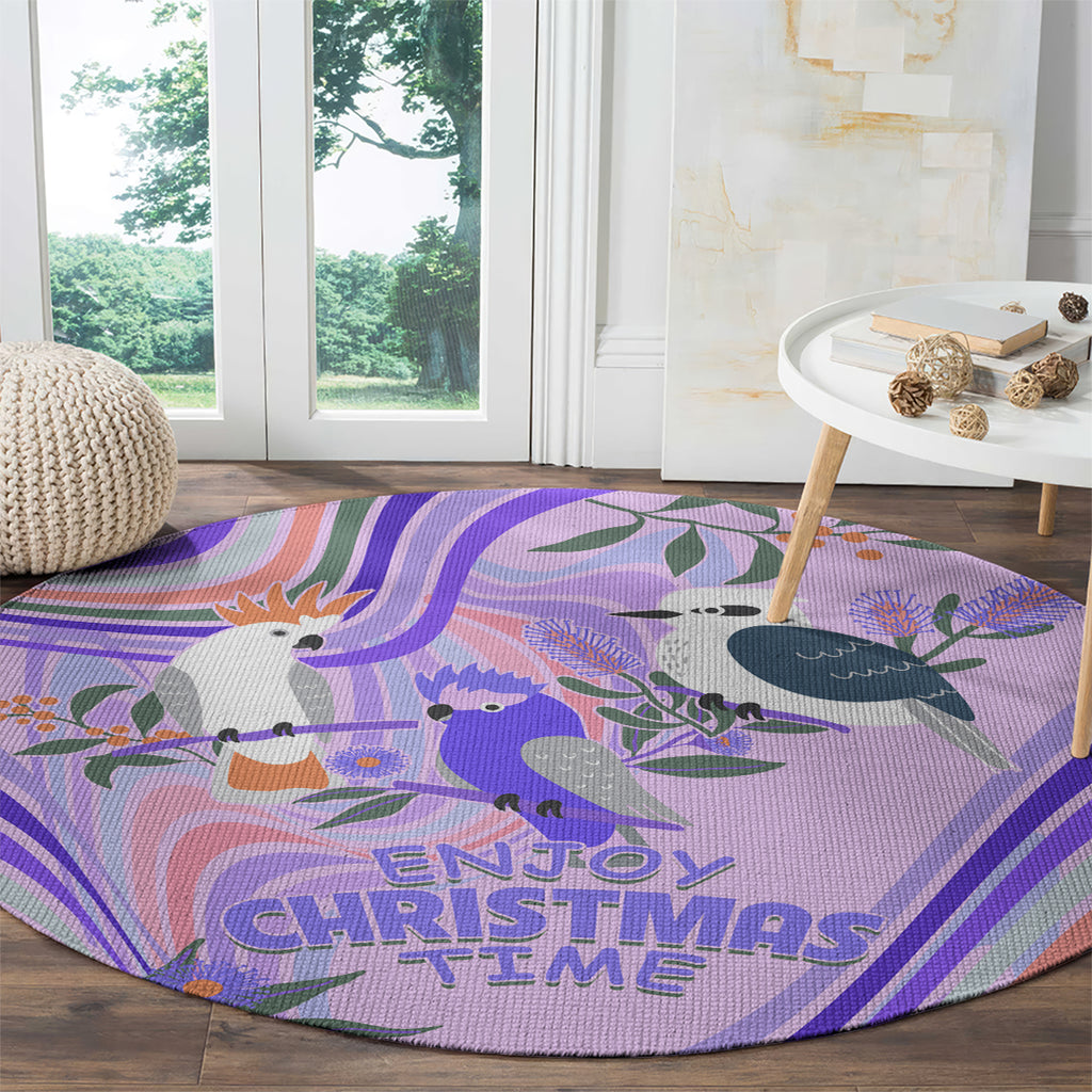 australia-hippie-christmas-round-carpet-cockatoo-kookaburra-with-wattle-violet-pastel-color
