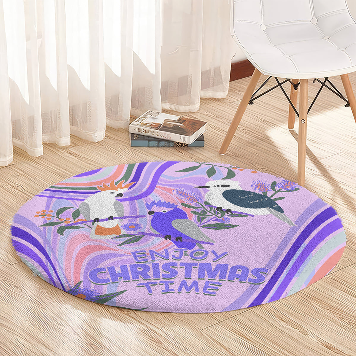 australia-hippie-christmas-round-carpet-cockatoo-kookaburra-with-wattle-violet-pastel-color