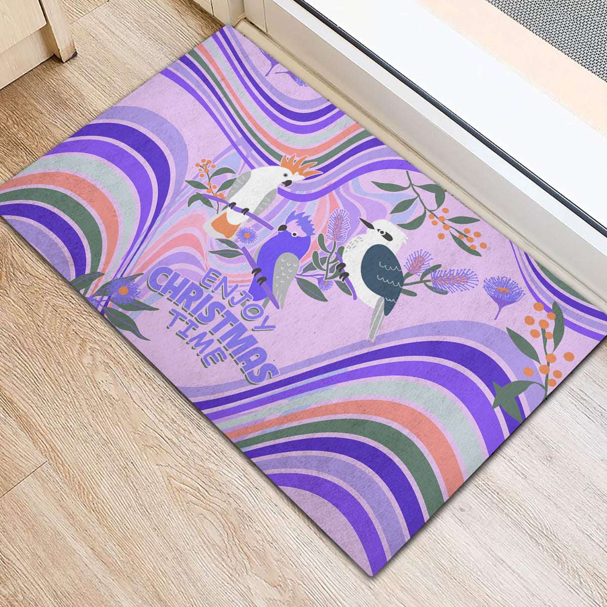 australia-hippie-christmas-rubber-doormat-cockatoo-kookaburra-with-wattle-violet-pastel-color