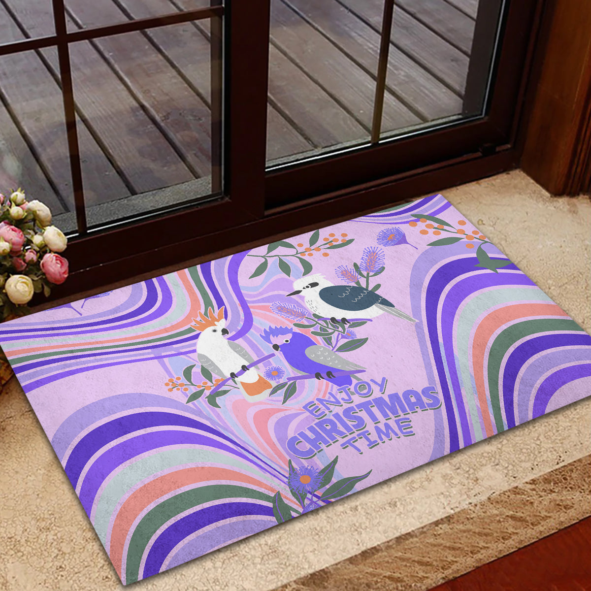 australia-hippie-christmas-rubber-doormat-cockatoo-kookaburra-with-wattle-violet-pastel-color
