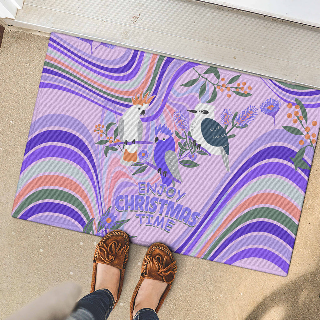 australia-hippie-christmas-rubber-doormat-cockatoo-kookaburra-with-wattle-violet-pastel-color