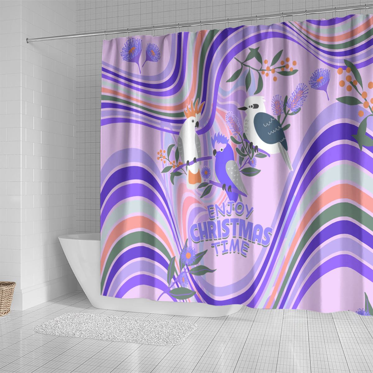 australia-hippie-christmas-shower-curtain-cockatoo-kookaburra-with-wattle-violet-pastel-color