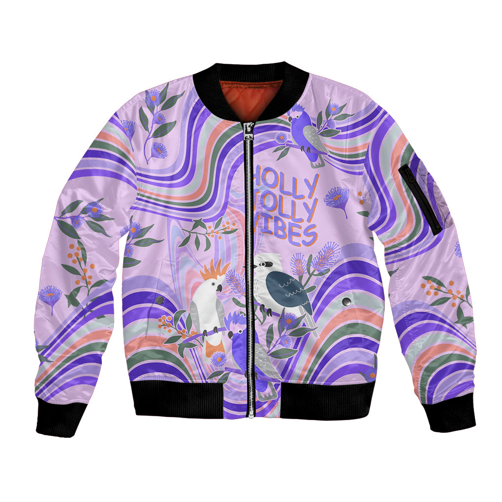 australia-hippie-christmas-sleeve-zip-bomber-jacket-cockatoo-kookaburra-with-wattle-violet-pastel-color