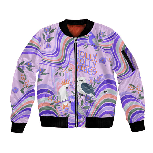 australia-hippie-christmas-sleeve-zip-bomber-jacket-cockatoo-kookaburra-with-wattle-violet-pastel-color