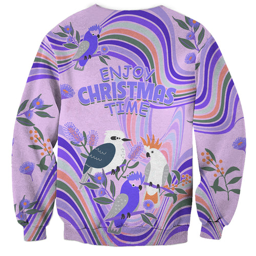 australia-hippie-christmas-sweatshirt-cockatoo-kookaburra-with-wattle-violet-pastel-color