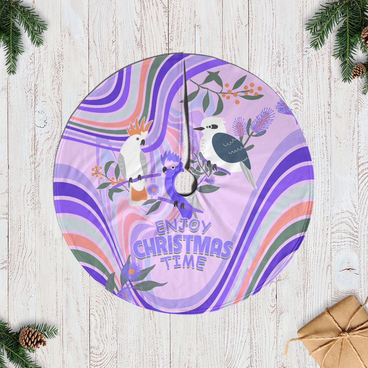 australia-hippie-christmas-tree-skirt-cockatoo-kookaburra-with-wattle-violet-pastel-color