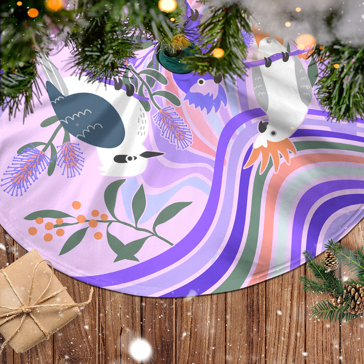 australia-hippie-christmas-tree-skirt-cockatoo-kookaburra-with-wattle-violet-pastel-color