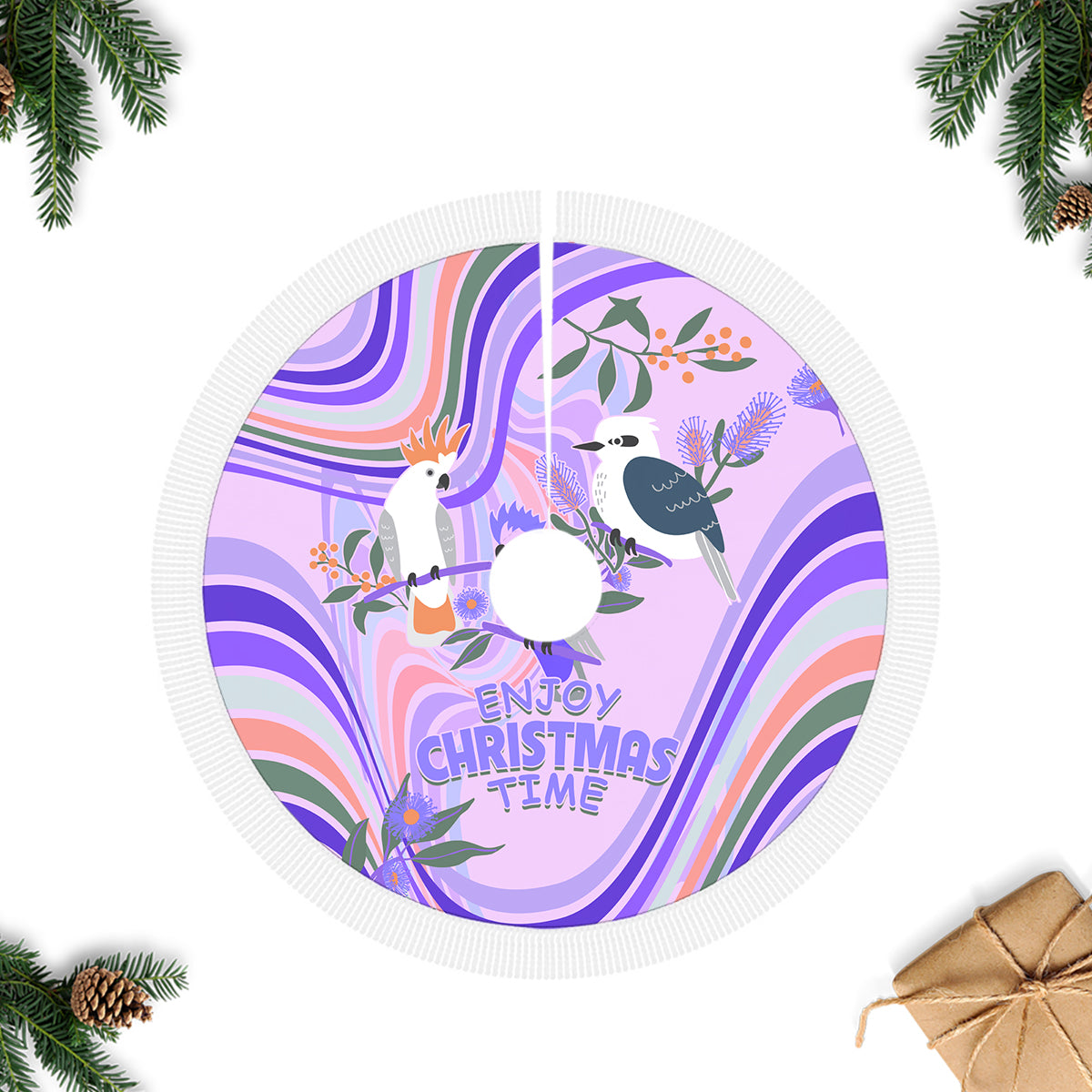 australia-hippie-christmas-tree-skirt-cockatoo-kookaburra-with-wattle-violet-pastel-color