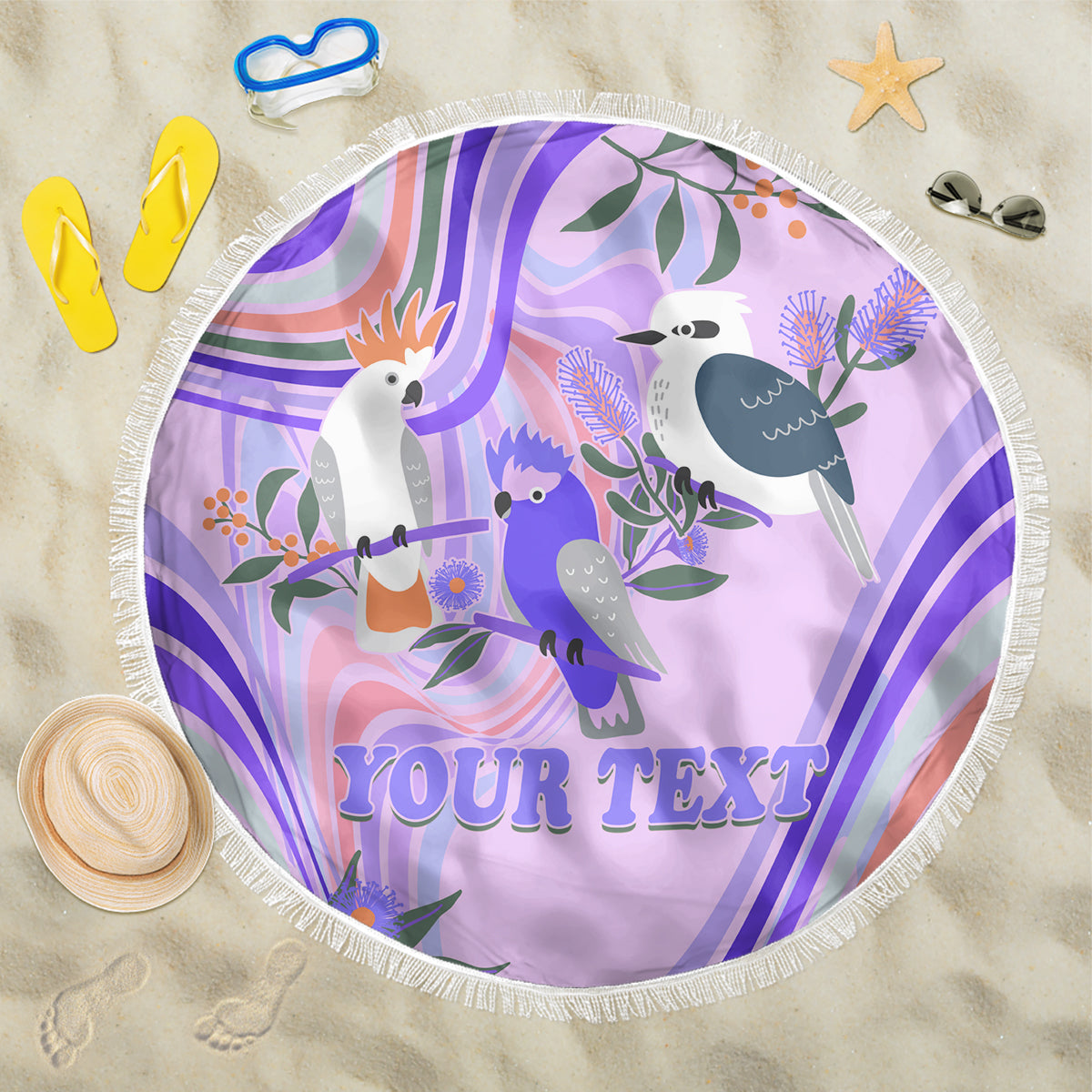personalised-australia-hippie-christmas-beach-blanket-cockatoo-kookaburra-with-wattle-violet-pastel-color