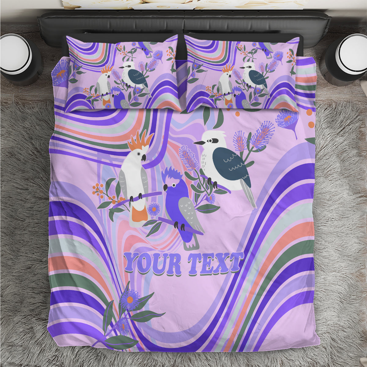 personalised-australia-hippie-christmas-bedding-set-cockatoo-kookaburra-with-wattle-violet-pastel-color