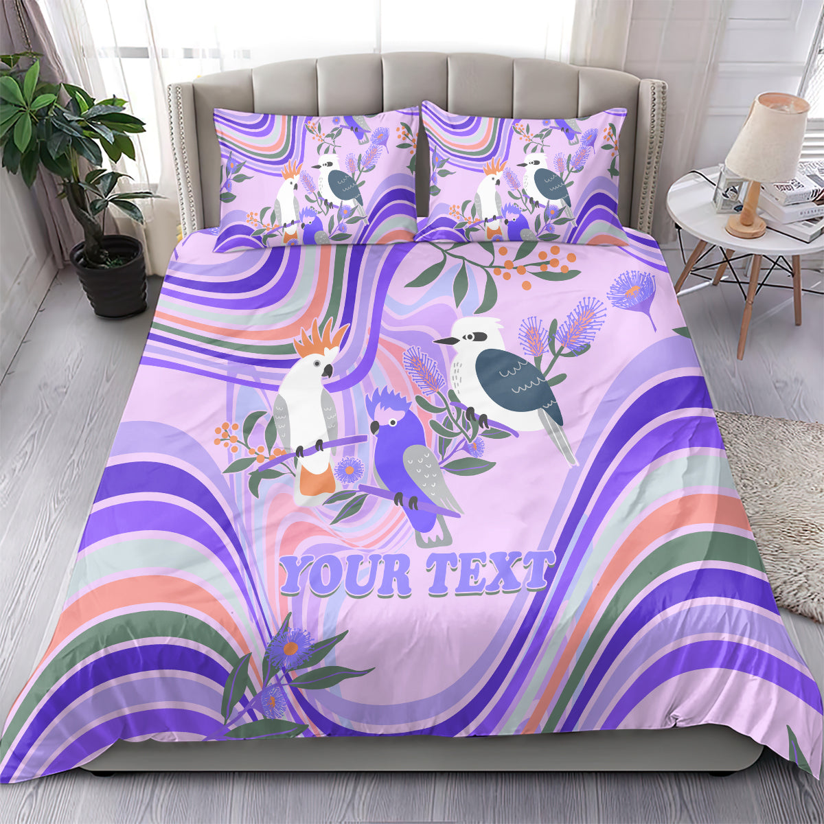 personalised-australia-hippie-christmas-bedding-set-cockatoo-kookaburra-with-wattle-violet-pastel-color