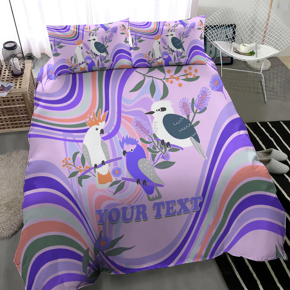 personalised-australia-hippie-christmas-bedding-set-cockatoo-kookaburra-with-wattle-violet-pastel-color