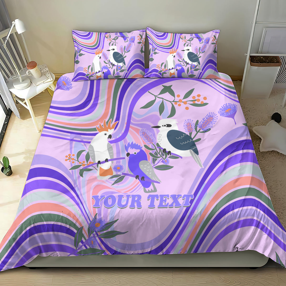 personalised-australia-hippie-christmas-bedding-set-cockatoo-kookaburra-with-wattle-violet-pastel-color