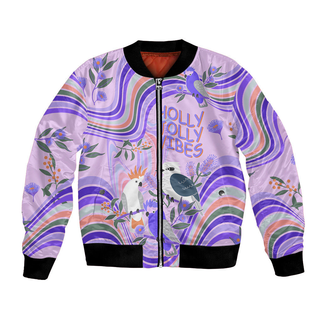 personalised-australia-hippie-christmas-bomber-jacket-cockatoo-kookaburra-with-wattle-violet-pastel-color