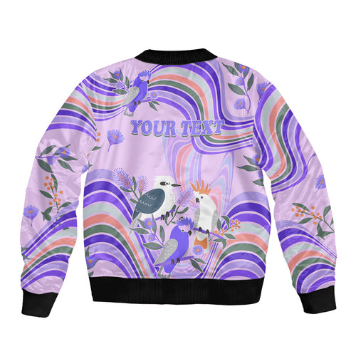 personalised-australia-hippie-christmas-bomber-jacket-cockatoo-kookaburra-with-wattle-violet-pastel-color