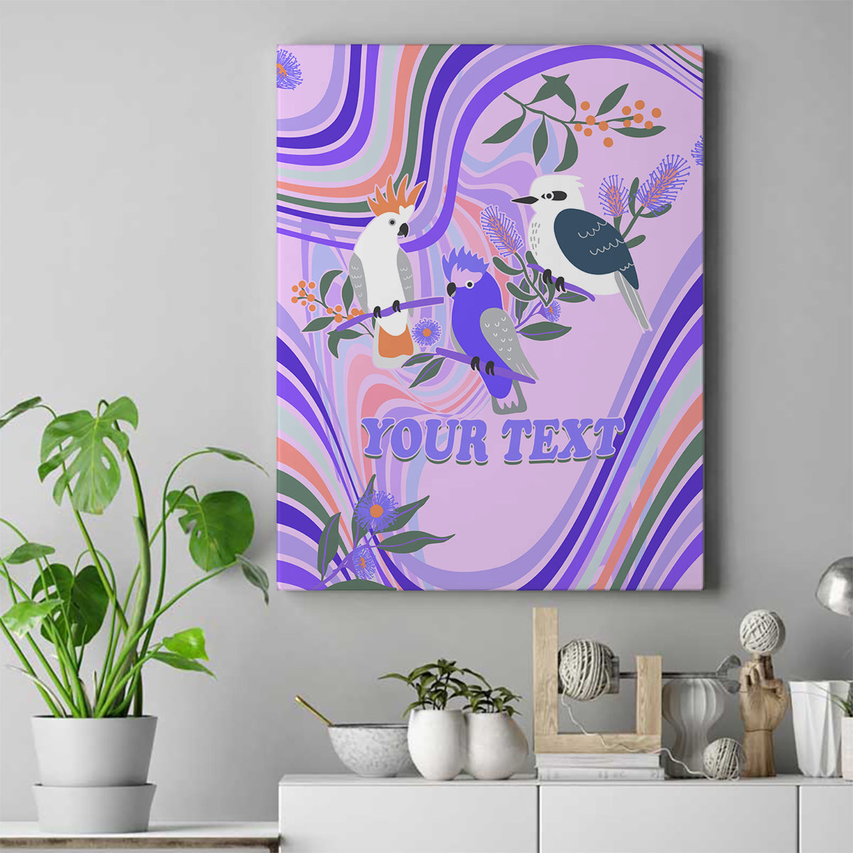 personalised-australia-hippie-christmas-canvas-wall-art-cockatoo-kookaburra-with-wattle-violet-pastel-color