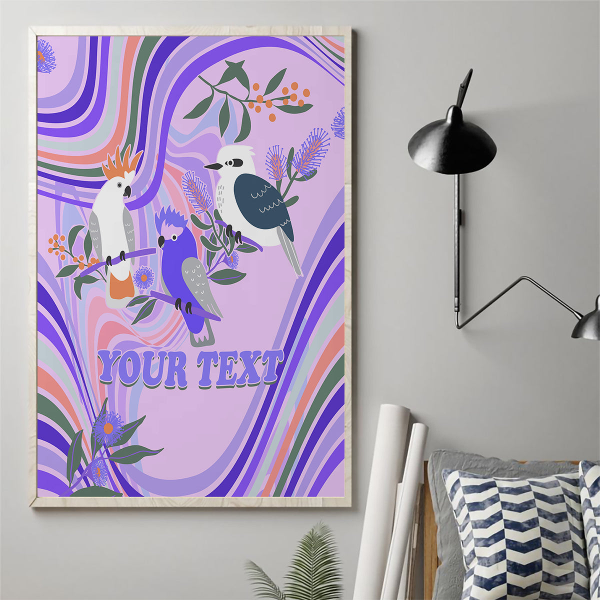 personalised-australia-hippie-christmas-canvas-wall-art-cockatoo-kookaburra-with-wattle-violet-pastel-color