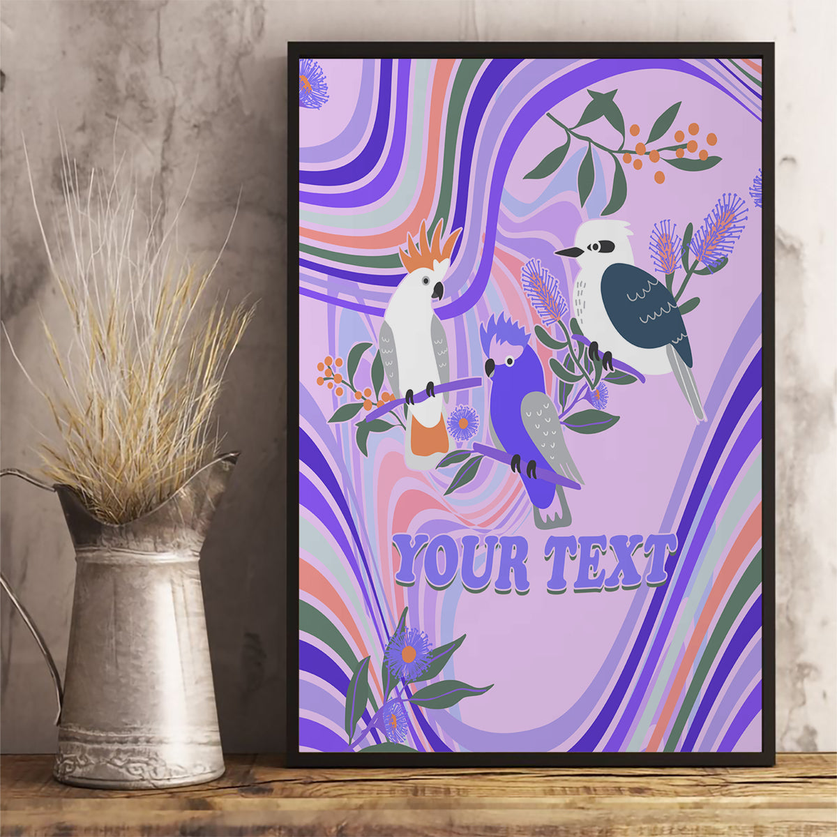 personalised-australia-hippie-christmas-canvas-wall-art-cockatoo-kookaburra-with-wattle-violet-pastel-color