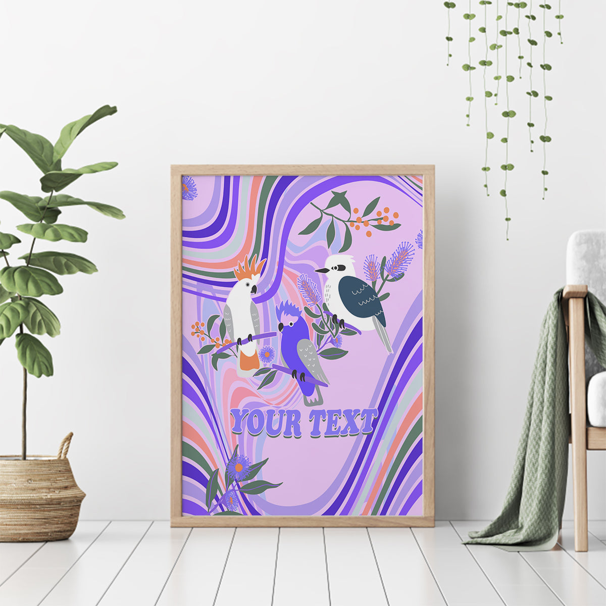 personalised-australia-hippie-christmas-canvas-wall-art-cockatoo-kookaburra-with-wattle-violet-pastel-color